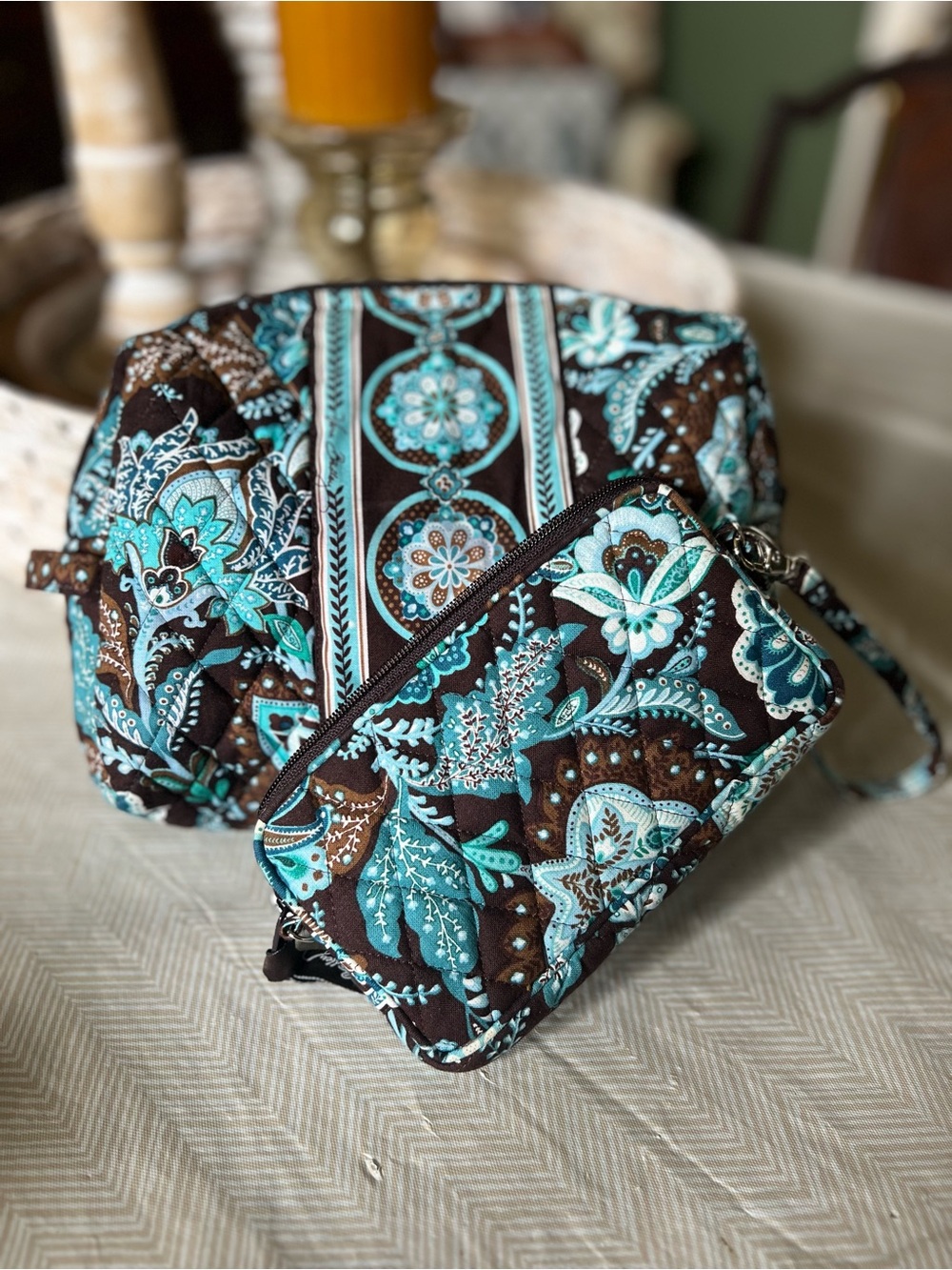 Vera Bradley Teal and Brown Quilted Floral Cosmetic Bag Set